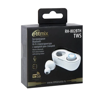 Ritmix RH-802BTH TWS austiņas, bezvadu, vakuuma, mikrofons, BT 5.0, 40/300 mAh, balts 4843506