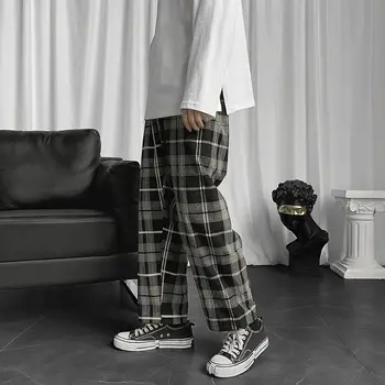 Rudens Kokvilnas Pleds Bikses Vīriešu Modes Retro Aukliņu Gadījuma Bikses Vīriešu Streetwear Hip-hop Zaudēt Taisnas Bikses Vīriešu M-5XL
