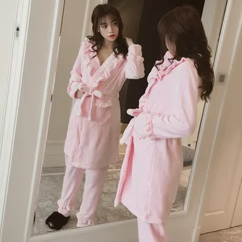 Rudens Ziemas Koraļļu Pāļu Sleepwear Dāmas Ar Garām Piedurknēm Sabiezējumu Flaneļa Naktskrekls Korejiešu Versija Salds Jauki Mājās Uzvalks Пижам