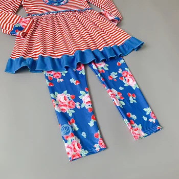 Sarkanas svītras ar garām piedurknēm kleita un zilu ziedu bikses kopa Savirmot Izšūšanas Rozā Svītru Bērnu Apģērbs Meitenēm Komplekti