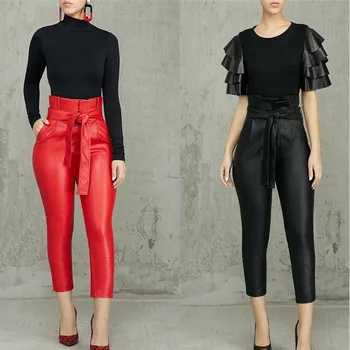 Sievietēm jaunu augstas wasit ruffles mākslīgās ādas PU potītes garums zīmuli izdilis bikses modes sarkanas melnas bikses