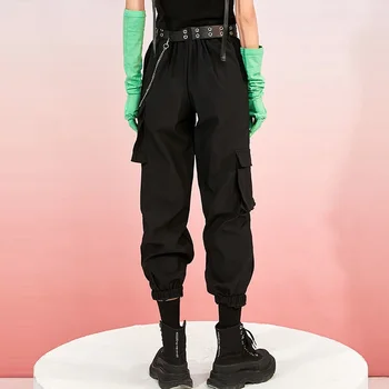 Sieviešu Modes Streetwear Kravas Bikses Melnās Plus Lieluma Gadījuma Potītes Garums Elastīga Vidukļa Bikses ar Jostas Sieviešu Brīvs Bikses