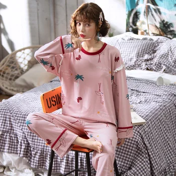 Sieviešu pidžamas komplekti ar garām piedurknēm un bikses jauki karikatūra izdrukāt mātītes atpūtas šiks sweet home mīkstās sleepwear pidžamas moderns brīvs