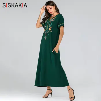 Siskakia Sievietes Gara Kleita Vasaras 2019 V Kakla Īsām Piedurknēm Maxi Kleitas Zaļā Elegants Etniskā Ziedu Izšuvumu Arābijas Drēbes