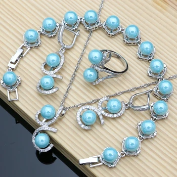 Sky Blue Pearl Silver 925 Juvelierizstrādājumu Komplekti Sieviešu Eleganta Dizaina Pērles, Aproces Auskari, Gredzens, Kaklarota Komplekti, Kāzu Puse