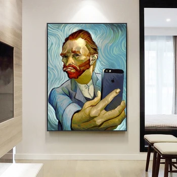 Smieklīgi Mākslas Van Goga Selfie Pa Tālruni Audekla, Gleznas pie Sienas, Mākslas Plakāti un Izdrukas Abstraktu Portretu Van Goga Bildes