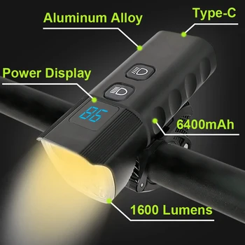 Spēcīgs LED Velosipēda Lukturu 6400mAh Velosipēds Gaismas USB Type-C Ātrās Uzlādes 1600 Lūmenu MTB Lukturis Alumīnija kabatas Lukturītis, Lai Velosipēds
