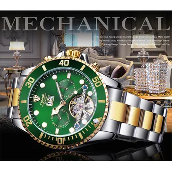 TEVISE Green Dial Tourbillion Zelta Bezel Mens Luksusa Biznesa Automātisko, Mehāniskās Skatīties Top Zīmola Luksusa Reloj Hombre Kalendārs