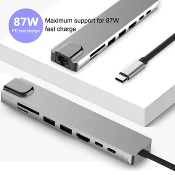 USB C tipa HDMI centrmezgls 4K30Hz converter PD uzlādes 87W USB3.0*2 TF SD kartes reade RJ45(1000bps) adapteris priekš macbook xiaomi huawei