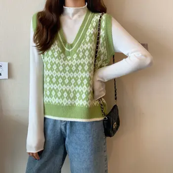 Vangull Argyle Pleds Īsās Sieviešu Džemperi Vestes 2020. Gada Rudenī Korejas Modes Slim V Kakla Trikotāžas, Bez Piedurknēm, Sieviešu Džemperi Vestes
