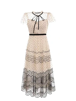 Vasaras Vintage Ploka Dot Mežģīņu Izšūšanas Embroided Kleita Sieviešu Apģērbu 2021 Sweet Princess Puse Svītraina Kleita Sommerkleid K8616