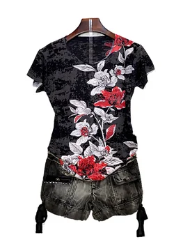 Vintage floral print t krekls sievietēm 4XL 2020. gada vasaras īsām piedurknēm grafikas tees slim modis t o-veida kakla topi tee kreklu femme