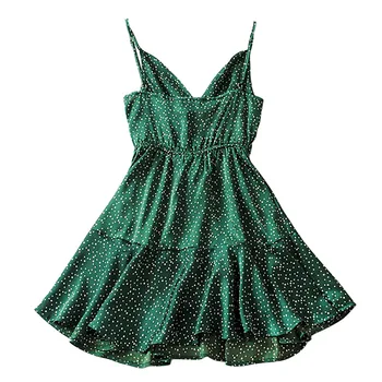 Vintage Green Polka Dot Traipu Kleita Sievietēm 2019 Vasaras Sexy Siksna Backless Īsu Kleitu Meitene Stilīgs Puse Kleita Vestidos