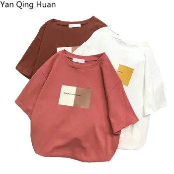 Yan Qing Huan Jauns Vienkāršais Burtiem, Drukāšanas Harajuku T-krekls ar Īsām Piedurknēm Studenta T-krekls Vasaras Brīvs Brīvā Stila t-veida Topi