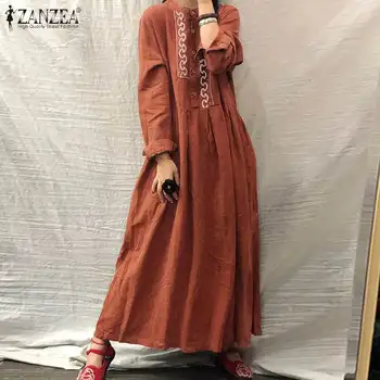 ZANZEA ir 2021. Eleganti Izšuvumi Maxi Kleita Sieviešu Rudens Sundress Gadījuma garām Piedurknēm Vestidos Retro Sievietes Pogu Drēbes Plus Izmēra