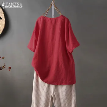 ZANZEA ir 2021. Sieviešu Izšuvumi Blūze Sieviešu O Apkakli, Īsām Piedurknēm Tee Kreklu Modes Pogu Blusas Mujer Topi Elegantu Vasaras Tunika