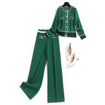Zaļa Adīta 2 Gabals Komplekti, Sieviešu Apģērbs, Biroja Dāmu Topi +plaša Kāju Bikses Komplekti Sieviešu Sviedri Tērpi Tracksuit Sievietēm