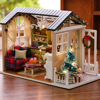 Ziemassvētku Leļļu Nams Miniatūra Mājas DIY Namiņš Ar Koka Mēbeles Ziemassvētku Namiņš Rotaļlietas Bērniem Ziemassvētku Dāvanas