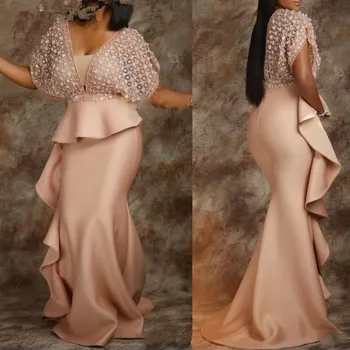 Šampanietis Abiye Ilgi Sirēna Āfrikas Vakara Kleita ar Piedurknēm Peplum Ruffles Plus Lieluma Sievietēm Oficiālās Balles Kleitas, Elegants 2020