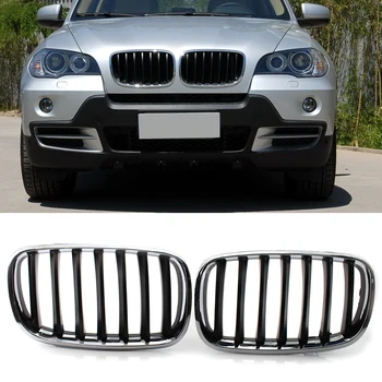 1 Pāris Priekšējā Pārsega Nieres Režģi, Restes Chrome Spīdīgi Melna Oglekļa Šķiedras Faktūras BMW E70 X5 2008. - 2013. gadam