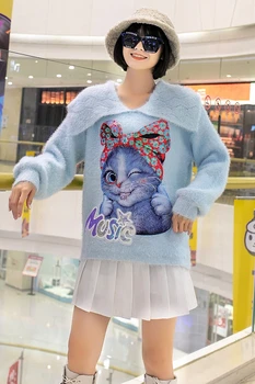 2020. gada rudens un ziemas zaudēt retro lelle apkakles smagā rūpniecība kaķis sequined džemperis slinks stilu mīksto piena džemperis mētelis tendence