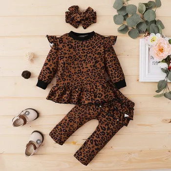 (3M-18M) Bērnu garām piedurknēm leopards drukāt top+frilled mežģīņu bikses+galvas uzvalks modes gadījuma ērti mazuli uzvalks F4*