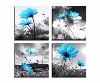 4 Gabali, Audekls Drukāt Murals Ģimenes Apdare Ziedi Blue Ziedi Melna Un Balta Sienas, Mūsdienu Mākslas Bildes