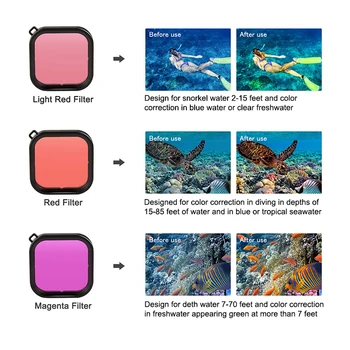 40m Ūdensizturīgs Korpuss Apvalks Gadījumā 3-Pack Niršanas Filtru Komplekts Sarkanā Purpura Krāsu Filtrs Objektīvs, par GoPro Hero 5 6 7 Aksesuārs, Melns