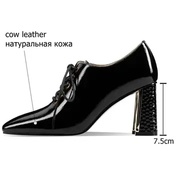 ALLBITEFO modes mežģīnes īstas ādas augstpapēžu kurpes biroja kvadrātveida kājām augstpapēžu kurpes pavasara biezs papēdis sieviešu kurpes