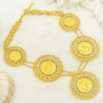Augstas Kvalitātes Dubaija Zelta Juvelierizstrādājumu Komplekti Sieviešu Vintage Kāzu Zelta Monētas Liela Kaklarota, Kristāla Auskari 24 Zelta Kāzu Rotaslietas