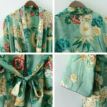 Bella Filozofija Ziedu Drukāt Satīna Kimono Pidžamas Sieviešu jostas kabatas jaciņa ar garām piedurknēm Blūze Beach