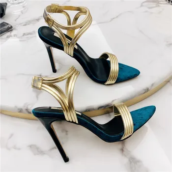 Bezmaksas piegāde modes zila samta, zelta Sprādzes wrap strappy augstpapēžu sandales kurpes 10cm