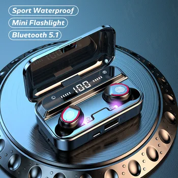 Bluetooth 5.1 Austiņas, Bezvadu Austiņas, Mikrofoni Sporta Ūdensizturīgs Austiņas Touch Kontroli Mūzikas Earbuds, Austiņas, Lukturīti