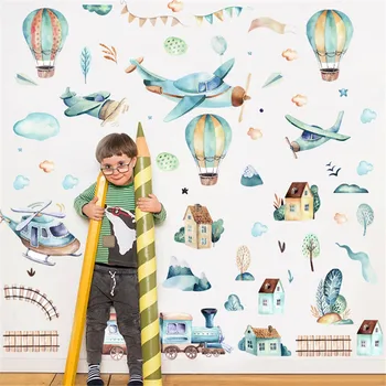 Bērnu Istabas Apdare Vilciens, Lidmašīna, Karstā Gaisa Balons, Sienas Uzlīmes ir Pašlīmējošas Vinila Tapetes, Bērnu Guļamistaba Decal Pirmsskolas DIY Murals