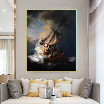 Citon Audekls Mākslas, Eļļas glezna Rembranta《Vētras uz Galilejas Jūras》Mākslas Plakāta Attēlu Mūsdienu Sienas dekori Mājas Apdare