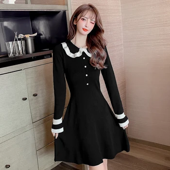 COIGARSAM franču Stila Pilna Piedurknēm Sievietēm viengabala kleita korejas Pavasara Adīšanas Zaudēt Kleitas Black 90380