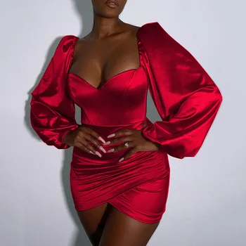Cutubly Mini Kleita Ruched Sexy Streetwear 2021. Gada Rudens Elegants Kleita Sievietēm Laternu Piedurknēm Bodycon Sexy Gadījuma Nakts Klubu Kleita
