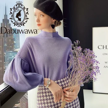 Dabuwawa Vintage Violeta Adīt Džemperi Džemperis Sievietēm Laternu Piedurknēm Izspēles Kakla Rudens Ziemas Loose Fit Džemperi Sieviešu DT1DKT007