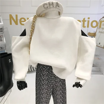 Dizains sajūtu pie pleca ar augstu kakla džemperis Sieviešu Rudens/Ziemas 2020 garām piedurknēm Slouchy vienkrāsainu Džemperi adīt krekls