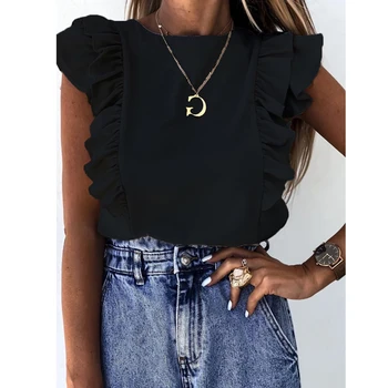 Elegants sieviešu tīrtoņa krāsu Savirmot blūze, krekls 2020. gada Vasaras O Kakla Kroku Blusa Dāma 3XL Jaunu Gadījuma Pogu, bez piedurknēm topi blusa