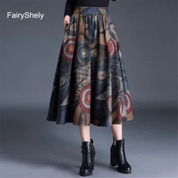 Fairyshely Vintage Augsta Vidukļa Kroku Svārki Sievietēm 2020. Gadam Vilnas Ziedu Midi Svārki Korejas Plus Lieluma Gari Svārki Ar Kabatas