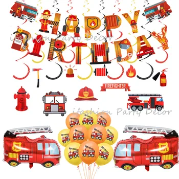 Fire Truck Dzimšanas Dienas Svinības Apdares Pakotne Ugunsdzēsējs Ugunsdzēsējs Bday Party Baneris, Balonu Dekoru Kopa