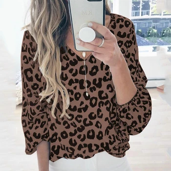 Foridol gadījuma v kakla laternu piedurknēm bloue krekls ar leopards drukāt plus lieluma blūze topi, sieviešu rudens ziemas zaudēt blūze femininas
