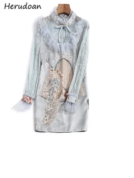 Herudoan Vasaras Modes Dizainers Eleganta Mini Kleita Sievietēm Stand apkakli Krāšņs Frēzēšana Ziedu Žakarda Vintage Kleita Vestidos
