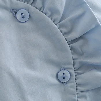 HiloRill Sieviešu Puff Garām Piedurknēm Zilā Blūze Retro Vintage Dāmas Biroja Cietā Ruffles Krekls Streetwear Gadījuma Kokvilnas Topi Blusas
