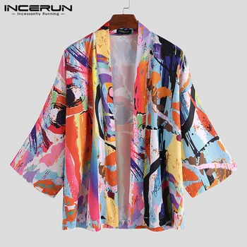 INCERUN Modes Japāņu Stila Vīriešu Kimono Iespiesti Vintage Yukata Zaudēt Pusi Piedurknēm Virsdrēbes Sauļošanās Topi, Jaka Vīriešiem Vasarā