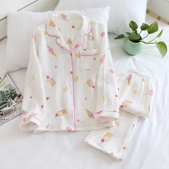 Japānas jauno vasaras sieviešu kokvilnas krepa garām piedurknēm, garās pidžamas komplekts gudrs divdaļīga pavasara un rudens sākuma pakalpojumu dāmas