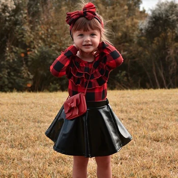 Jauna Rudens Meitene Tērps, Mežģīņu Apaļu Kakla Top + Melns Ādas Svārki Tērps, Moderns Divi-Gabals Meitene Īsi Svārki Bērnu Apģērbu 1-6 Gadiem