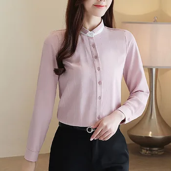 Korejas Modes Apģērbu 2021 Garām Piedurknēm Šifona Svītrainām Sieviešu Top Un Blūzes Stāvēt Dāmas Krekli Rozā Pogu Stand 8391 50