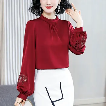 Korejas Modes Zīda Sieviešu Blūzes, Eleganti Krekli, Sieviešu Satīna Blūze Laternu Krekls Ar Garām Piedurknēm Dobi No Plus Lieluma Sievietēm, Topi